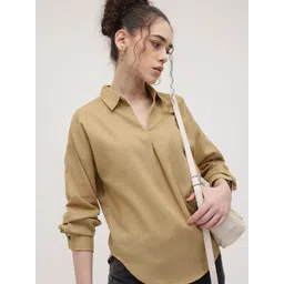 The Roadster Lifestyle Co. Solid Linen Shirt Style Longline Top-picture-31