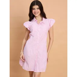 The Roadster Lifestyle Co Striped Cotton Ruffle Sleeve Collared A-Line Shirt Dress-picture-43