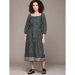 The Roadster Lifestyle Co. Striped Puff Sleeve Fit & Flare Midi Dress-picture-37