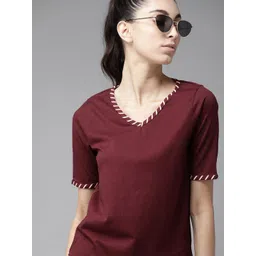 The Roadster Lifestyle Co Women Burgundy V-Neck Pure Cotton T-shirt with Contrast Taping Detail-picture-37
