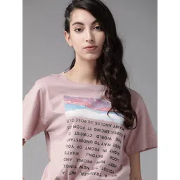 The Roadster Lifestyle Co Women Dusty Pink  Black Printed Round Neck Pure Cotton T-shirt-picture-20