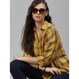 The Roadster Lifestyle Co Women Ecovero Mustard Yellow  Black Boxy Checked High-Low Shirt Style Sustainable Top-image-7