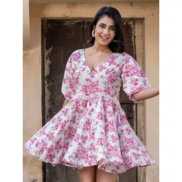 The Roadster Lifestyle Co Women Floral Printed Cotton Puff Sleeves Fit & Flare Mini Dress-picture-37