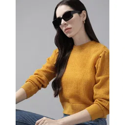The Roadster Lifestyle Co. Women Mustard Yellow Self Design Cable Knit Acrylic Pullover-picture-17
