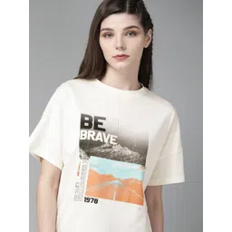 The Roadster Lifestyle Co Women Off-White & Black Pure Cotton Graphic Print Round Neck T-shirt-image-2