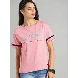 The Roadster Lifestyle Co Women Pink  Blue Printed Round Neck Pure Cotton T-shirt-picture-19