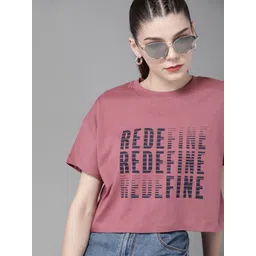 The Roadster Lifestyle Co Women Pink  Navy Blue Printed Pure Cotton Boxy T-shirt-picture-18