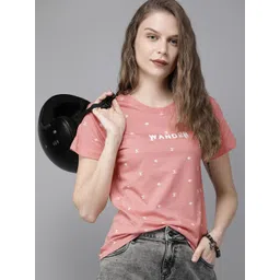 The Roadster Lifestyle Co Women PinkWhite Printed Round Neck Pure Cotton T-shirt-picture-32