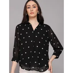 The Roadster Lifestyle Co. Women Polka Dot Printed Shirt Collar Neck Sheer Top-picture-37