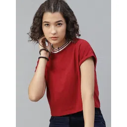 The Roadster Lifestyle Co Women Red Cotton Solid Round Neck Boxy Fit Cropped Pure Cotton T-shirt-picture-10