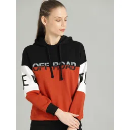 The Roadster Lifestyle Co Women Rust Orange & Black Colourblocked Hooded Pullover Sweatshirt-picture-32