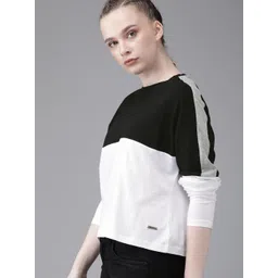 The Roadster Lifestyle Co Women White  Black Colourblocked Round Neck Pure Cotton T-shirt-picture-36