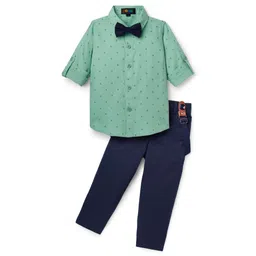 Robo Fry Cotton Woven Full Sleeves Musical Printed Party Shirt & Pant Set with Bow & Suspender - Sea Green-picture-19