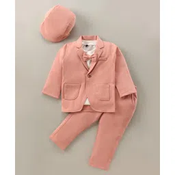Robo Fry Knit Full Sleeves Striped T-Shirt & Trouser Set with Hat Blazer & Attached Bow - Peach-picture-28