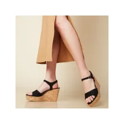 ROCIA Black Women Classic Ankle Strap Wedge Heel Sandals-image-24