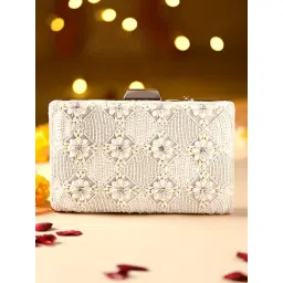 ROCIA By Regal White Women Hand Embroidered Metal Frame Clutch with Detachable Chain-picture-22