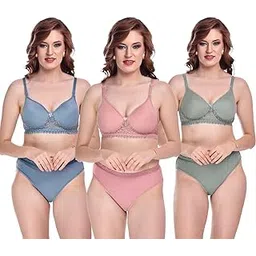 rodley Set of 3 Women's Cotton Printed Padded Bra & Panty Set | Sexy Lingerie Set for Bridal | Honeymoon Bikini Set for Girls & Women - Adjustable Straps (U)-picture-23