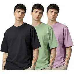 rodzen Oversized Baggy Fit Half Sleeves Round Neck Solid Cotton Blend Combo T-Shirt for Men (Pack of 3)-picture-29