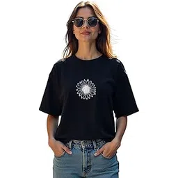 rodzen Oversized Half Sleeves Drop Shoulder Cotton Blend Round Neck Printed T-Shirt for Women-picture-46