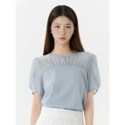 Roem Blue Sheer Contrast Regular Fit Blouse-picture-13