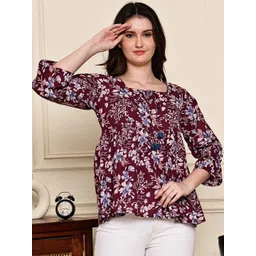 Roly Poly Floral Print Puff Sleeves Ethnic Cotton Peplum Top-picture-21