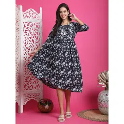 Roly Poly Women Cotton Floral Printed Tie-Up Neck Fit and Flare Midi Dress-picture-10