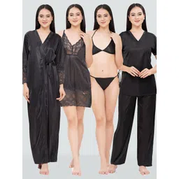 Romaisa Women Satin T-shirt Trousers Robe Lingerie Nightwear Set-picture-11