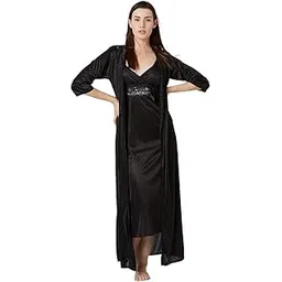 romaisa Women's Satin Solid Maxi Length Nighty with Robe (Size - Free Size) (Nightwear Set Pack of 2)-picture-46