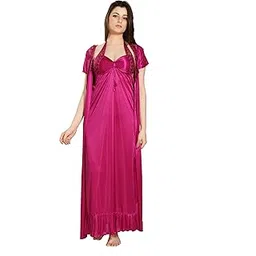 romaisa Women's Satin Solid Maxi Length Nighty with Robe (Size - Free Size) (Nightwear Set Pack of 2)-picture-12