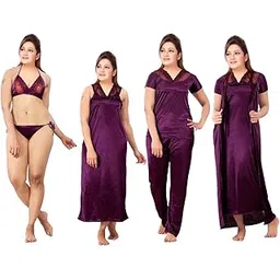 romaisa Women's Satin Solid Maxi Length Nighty with Robe, Top with Pyjama, Bra with Panty (Size - Free Size) (Nightwear Set Pack of 6)-picture-31