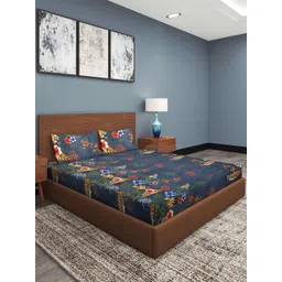 ROMEE Blue & Orange Floral 186 TC King Bedsheet with 2 Pillow Covers-picture-29