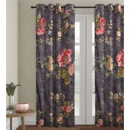 romee Grey Polyester Velvet Floral 7FT Light Filtering Eyelet Door Curtains (Pack of 1)-picture-29