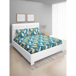 ROMEE Teal Green & Mustard Yellow Floral 186 TC Microfiber Queen Bedsheet with 2 Pillow Covers-picture-10