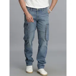 Rookies Men Regular Fit Mid-Rise Light Fade Stretchable Cargo Jeans-picture-27