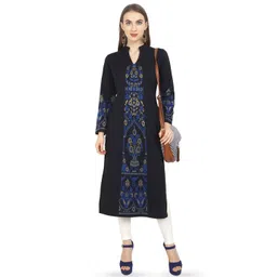 ROSARY Women Ethnic Motifs Printed Mandarin Collar Woolen Kurta With Pockets-picture-15