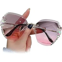 roshfort Sunglasses for Women uv400 Protection Goggles for Womens Stylish sunglass for womain with Storage Box Cleaning Cloth Rimless Flower Diamond Cutting Lens Driving Shades for Women (Free Size)-picture-25