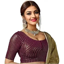 Round Neck Jacquard Striped Cotton Stretchable Elbow Sleeve Readymade Saree Blouse for Women Stylish_(Beige)(SC_BL_5901_FOIL_KATORI)-picture-22