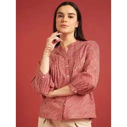 routes by all about you all about you Striped Mandarin Collar Puff Sleeves Cotton Top image 1