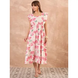 all about you Women Floral Print Flutter Sleeve Linen Fit & Flare Midi Dress-image-3