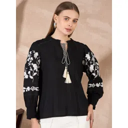 routes by all about you all about you Women Solid Embroidered Tie-Up Neck Top-picture-35