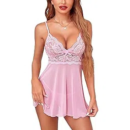 rouxous Babydoll Bikini Set| Non-Padded Bra & Panty|Nightwear/Lingerie/Negligee |Hot & Sexy for Couples Honeymoon/First Night/Anniversary for Women/Ladies/Girls (Pink) (Small, Baby Pink)-picture-11