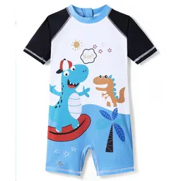 Rovars Half Raglan Sleeves Legged Swimsuit with Dino Print - White Blue & Black-picture-30