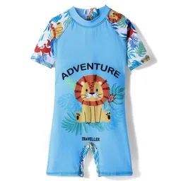 ROVARS Half Raglan Sleeves Legged Swimsuit with Jungle Theme Print - Blue-picture-20