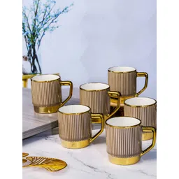 Roxx Brown & White Printed 6 Pieces Dishwasher Safe Porcelain Glossy Finish Mugs 230ml-picture-25