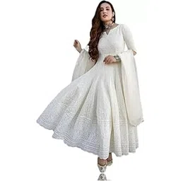 royal export Women's Cotton Blend White Chikankari Anarkali Gown With Dupatta | Dresses For Girls | Pant Not Included ||-picture-15