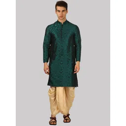 ROYAL KURTA Men Green Floral Printed Silk Blend Straight Kurta with Dhoti Pants-picture-34