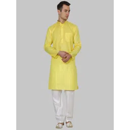 ROYAL KURTA Men Yellow Solid Cotton Blend Straight Kurta with Pyjamas-picture-16