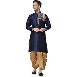 royal kurta Mens Silk Patchwork Dhoti Kurta Set (Navy Blue)-picture-41