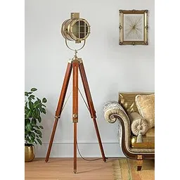 Royal Nautical UTC Wooden Brown and Brass Antique Gold 5ft Height Adjustable Tripod Floor Lamp Standing with Moveable Spotlight-picture-16