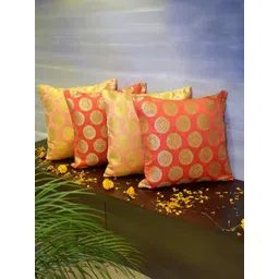 RoyalDeco Coral & Peach 4 Pieces Ethnic Motifs Brocade Square Cushion Covers-picture-29
